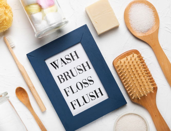 WASH, BRUSH, FLOSS, FLUSH.